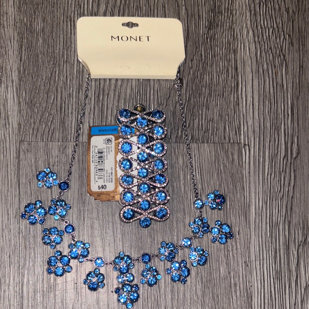 Monet Silver and Blue Floral Necklace Set